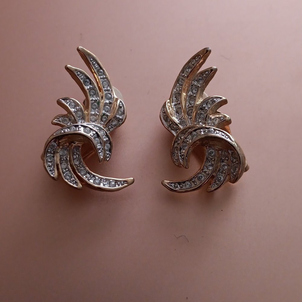 Vintage CIRO Gold + Rhinestone Clip On Flame Earrings